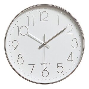 jomparis modern 12" battery operated non-ticking silent sweep movement wall clock decorative for office,kitchen, living room, bedroom, bathroom plastic frame glass cover (silver,arabic numeral)