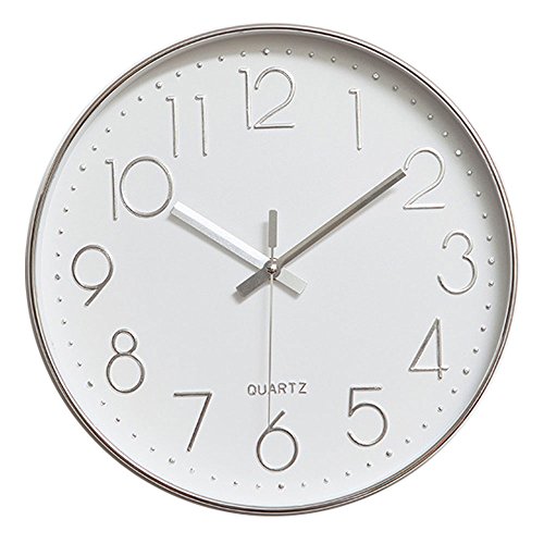 jomparis Modern 12" Battery Operated Non-Ticking Silent Sweep Movement Wall Clock Decorative for Office,Kitchen, Living Room, Bedroom, Bathroom Plastic Frame Glass Cover (Silver,Arabic Numeral)