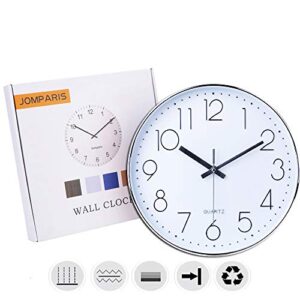 jomparis Modern 12" Battery Operated Non-Ticking Silent Sweep Movement Wall Clock Decorative for Office,Kitchen, Living Room, Bedroom, Bathroom Plastic Frame Glass Cover (Silver,Arabic Numeral)