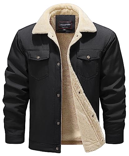 HOW'ON Men's Casual Sherpa Fleece Lined Jacket Warm Coat With Fur Collar Black L