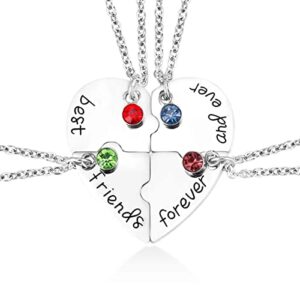 Best Friend Forever and Ever 4 Pieces Rhinestone BFF Necklace for 4 Stainless Steel Heart Friendship Pendant Necklace Puzzle Stitching Necklace