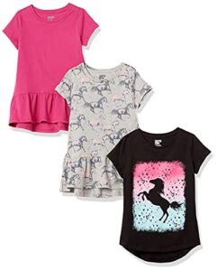 amazon essentials girls' short-sleeve and sleeveless tunic tops (previously spotted zebra), pack of 3, black/grey horses/pink, medium