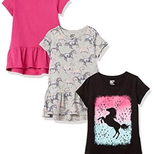 Amazon Essentials Girls' Short-Sleeve and Sleeveless Tunic Tops (Previously Spotted Zebra), Pack of 3, Black/Grey Horses/Pink, Medium