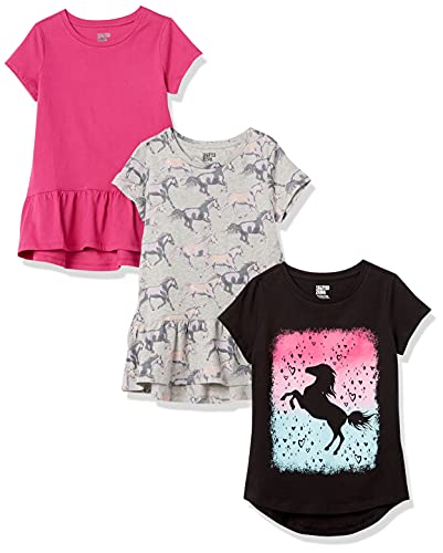 Amazon Essentials Girls' Short-Sleeve and Sleeveless Tunic Tops (Previously Spotted Zebra), Pack of 3, Black/Grey Horses/Pink, Medium