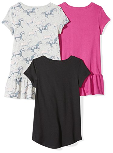 Amazon Essentials Girls' Short-Sleeve and Sleeveless Tunic Tops (Previously Spotted Zebra), Pack of 3, Black/Grey Horses/Pink, Medium