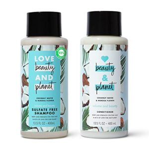 love beauty and planet volume and bounty thickening shampoo and conditioner for volume and fine hair care coconut water & mimosa flower, paraben free, silicone free, and vegan 13.5 oz 2 count