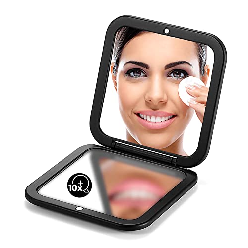 OMIRO Folding Compact Mirror, 1X/10X Magnification 3½” Pocket Size Square Hand Mirror for Travel Makeup (Black)