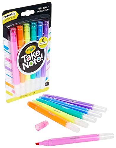 Crayola Take Note Erasable Highlighters, Cool School Supplies, Chisel Tip Markers, 6 Count