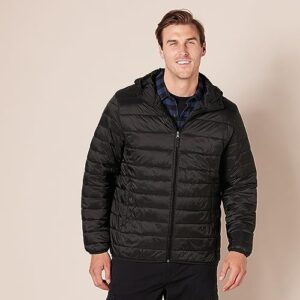 Amazon Essentials Men's Lightweight Water-Resistant Packable Hooded Puffer Jacket, Black, Large