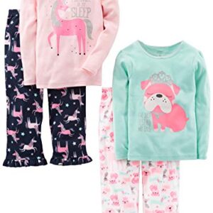 Simple Joys by Carter's Girls' 4-Piece Pajama Set (Cotton Top & Fleece Bottom), Mint Green Puppy/Navy/Pink Unicorn/White, 8