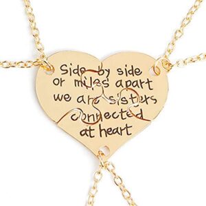3 pcs best friends forever engraved necklace broken heart charm pendant set bff friendship necklace (gold - " we are sisters connected at heart ")