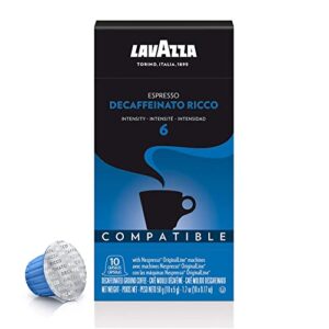 Lavazza Decaffeinato Ricco Espresso Dark Roast Capsules Compatible with Nespresso Original Machines Blended and roasted in Italy, Decaffeinated with sweet, Rich flavor, 10 Count (Pack of 6)