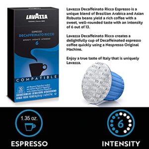 Lavazza Decaffeinato Ricco Espresso Dark Roast Capsules Compatible with Nespresso Original Machines Blended and roasted in Italy, Decaffeinated with sweet, Rich flavor, 10 Count (Pack of 6)