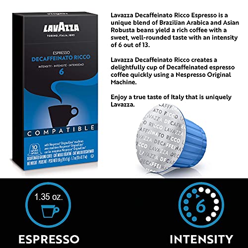 Lavazza Decaffeinato Ricco Espresso Dark Roast Capsules Compatible with Nespresso Original Machines Blended and roasted in Italy, Decaffeinated with sweet, Rich flavor, 10 Count (Pack of 6)