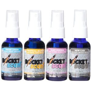 rocket scent - oil air fresheners + odor & smoke eliminator + home, car, office, bathroom deodorizer + new car, mango, fresh linen, powder scent + assorted 4 pack