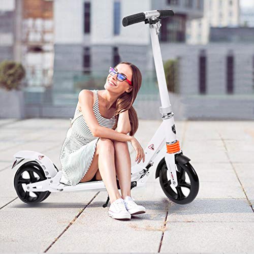 Kids/Adult Scooter with 3 Seconds Easy-Folding System, 220lb Folding Adjustable Scooter with Foot Brake and 200mm Large Wheels (White)