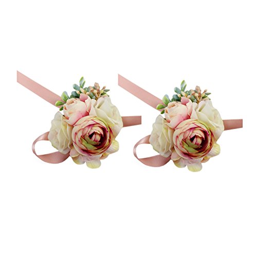 USIX 2pc Pack-Handmade Artificial Peony Flower Wrist Corsage with Satin Wristband for Girl Bridesmaid Wedding Party Prom Flower Corsage Hand Flower (Pink Wrist Corsage x2)