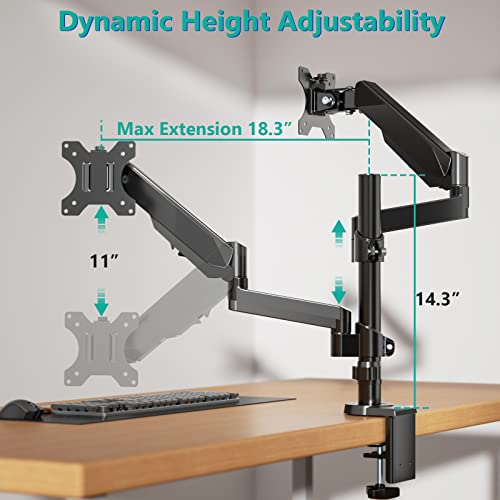 WALI Dual Monitor Mount, Adjustable Gas Spring Arms Mount for 2 Monitors up to 32 inch, 17.6lbs Weight Capacity, Fully Adjustable for Home Office (GSDM002), Black