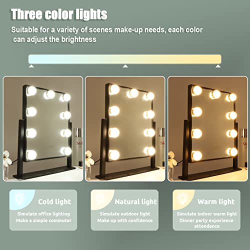 Hansong Lighted Vanity Mirror Makeup Mirror with Lights Hollywood Mirror with 9 LED Bulbs and Detachable 10X Magnification Black Vanity Mirror with Lights 360 Degree Rotation