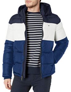 tommy hilfiger mens hooded puffer jacket down alternative coat, bluebell color block, medium us