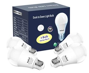 outdoor dusk to dawn led light bulb (no timer required), automatic on/off light sensor bulb, built-in photocell detector, e26 a19 120v 6000k for porch, boundary, garage, entrance,9w 4 pack by boxlood