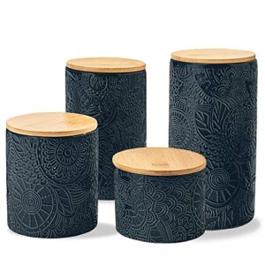 american atelier embossed canister 4-piece ceramic set jar container with wooden lids for cookies, candy, coffee, flour, sugar, rice, pasta, cereal & more