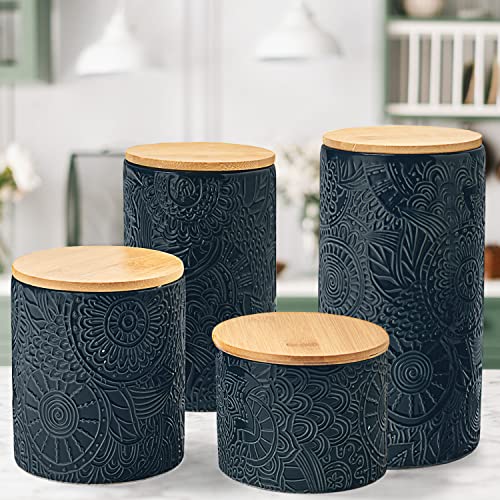 American Atelier Embossed Canister 4-Piece Ceramic Set Jar Container with Wooden Lids for Cookies, Candy, Coffee, Flour, Sugar, Rice, Pasta, Cereal & More