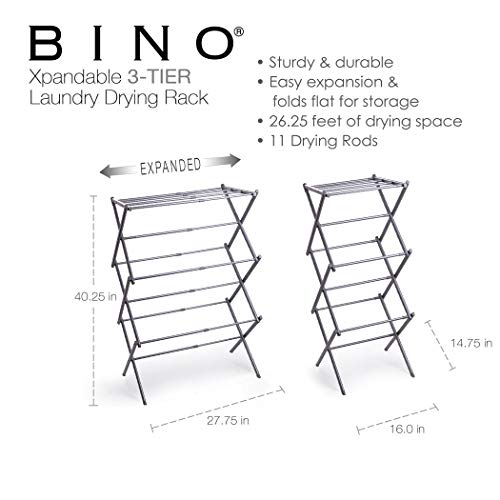 BINO 3-Tier Collapsible Drying Racks | Silver | Laundry Foldable Rack | Air Drying & Hanging | Foldable Portable Indoor & Outdoor | Space Saving Clothes Dryer Stand