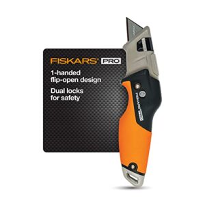 fiskars 770030-1001 pro, retractable, box cutter, for crafts, work gear, moving, folding utility knife, orange/black