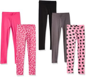 amazon essentials girls' leggings (previously spotted zebra), pack of 5, black/pink/grey/animal print/cat, medium