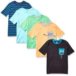 amazon essentials boys' short-sleeve t-shirts (previously spotted zebra), pack of 5, multicolor/monsters/stripe, medium