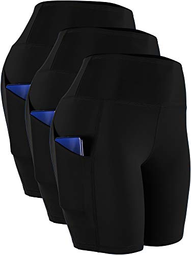 CADMUS Women's High Waist Spandex Yoga Shorts for Bike Running Two Side Pockets,1010,Black,Black,Black,Medium