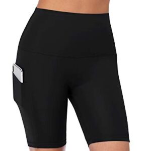 CADMUS Women's High Waist Spandex Yoga Shorts for Bike Running Two Side Pockets,1010,Black,Black,Black,Medium