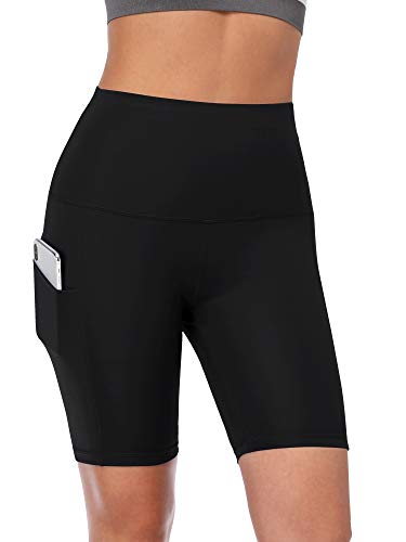 CADMUS Women's High Waist Spandex Yoga Shorts for Bike Running Two Side Pockets,1010,Black,Black,Black,Medium