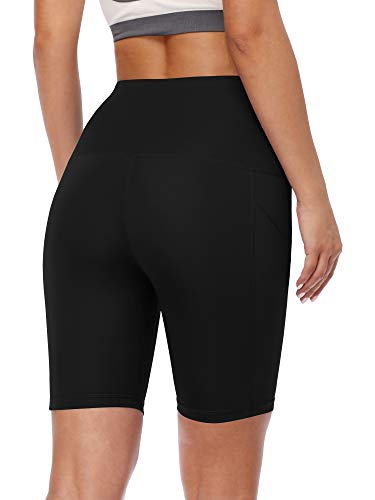 CADMUS Women's High Waist Spandex Yoga Shorts for Bike Running Two Side Pockets,1010,Black,Black,Black,Medium