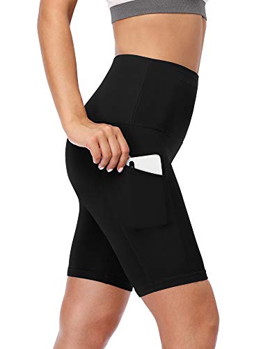 CADMUS Women's High Waist Spandex Yoga Shorts for Bike Running Two Side Pockets,1010,Black,Black,Black,Medium