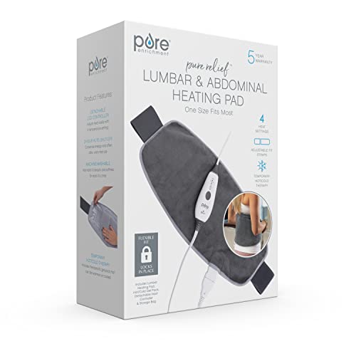 Pure Enrichment® PureRelief™ Lumbar & Abdominal Heating Pad - 4 Heat Settings, Adjustable Belt, Hot/Cold Gel Pack, and Storage Bag - Ideal for Back Pain and Abdominal Cramps