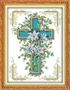 joy sunday cross stitch stamped kits pre-printed cross-stitching starter patterns for beginner kids or adults, embroidery needlepoint kits the cross lily
