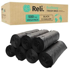reli. ecostrong 13 gallon trash bags | 500 count bulk | black | eco-friendly | made from recycled material