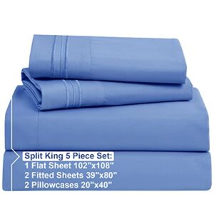 Nestl Split King Sheets for Adjustable Beds - 5 Piece Split King Sheets Set, Deep Pocket, Hotel Luxury, Extra Soft, Breathable and Cooling, Calm Blue Split King Bed Sheets