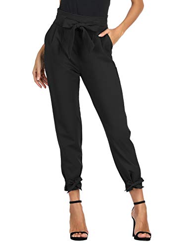 GRACE KARIN Women Solid Casual Work Trousers High Waist Ruffle Bow Tie Pants L Black