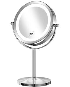 gospire 1x/10x magnifying lighted makeup mirror double sided round standing 360 degree swivel vanity mirror for shaving bathroom battery operated 7 inch diameter (silver-button switch)