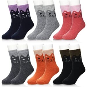 Eocom 6 Pairs Children's Winter Warm Wool Socks Kids Toddlers Boys Girls Thermal Thick Boot Cozy Crew Socks (8-12 Years, Cat)