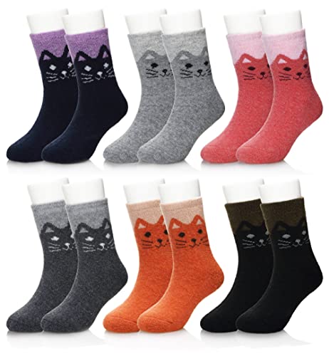 Eocom 6 Pairs Children's Winter Warm Wool Socks Kids Toddlers Boys Girls Thermal Thick Boot Cozy Crew Socks (8-12 Years, Cat)