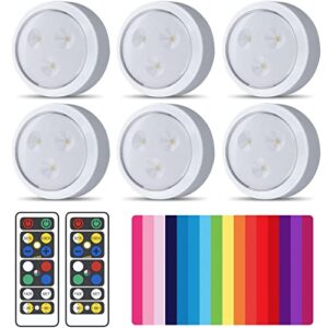 brilliant evolution 6-pack wireless rgb led lights - battery operated puck lights - night light - color-changing led under cabinet lighting - wall, cabinets, shelf light - with 2 remotes
