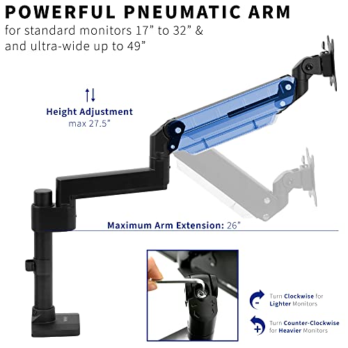 VIVO Premium Aluminum Extended Monitor Arm for Ultrawide Monitors up to 49 inches and 33 lbs, Single Desk Mount Stand, Pneumatic Height Adjusting, Max VESA 100x100, Black, STAND-V101GT