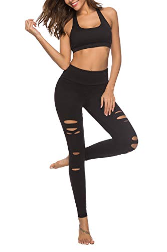 DIBAOLONG Womens High Waist Yoga Pants Cutout Ripped Tummy Control Workout Running Yoga Skinny Leggings Black L