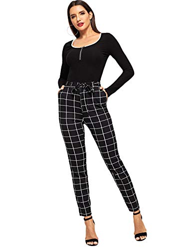 WDIRARA Women's Stretchy Plaid Print Pants Soft Skinny Regular Fashion Leggings Black-2 M