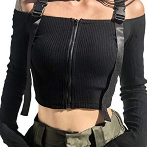 xxxiticat Women's Chic Fashion Off Shoulder Long Sleeve Cold Shoulder Knitted Zipper Up Tshirts Crop Tops Camis(T-BL,M) T-Black