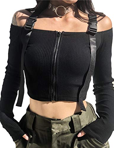 xxxiticat Women's Chic Fashion Off Shoulder Long Sleeve Cold Shoulder Knitted Zipper Up Tshirts Crop Tops Camis(T-BL,M) T-Black